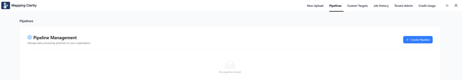 Pipelines page empty state with a Create Pipeline button.