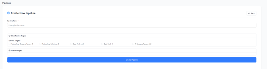 Create Pipeline form with a name field and target selection checkboxes.