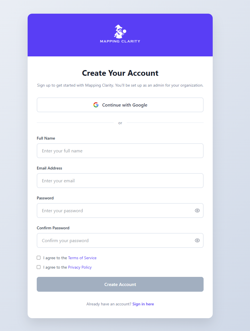 Mapping Clarity sign-up form with email, password, and terms fields.