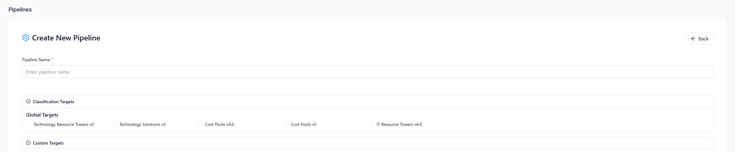 New Upload page with a pipeline selector and CSV upload drop zone.